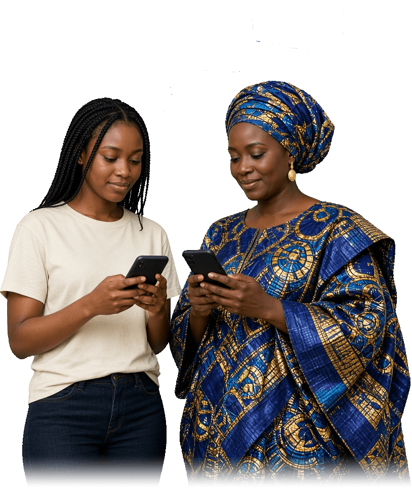 Deux femmes utilisant leur téléphone pour déposer une contribution.